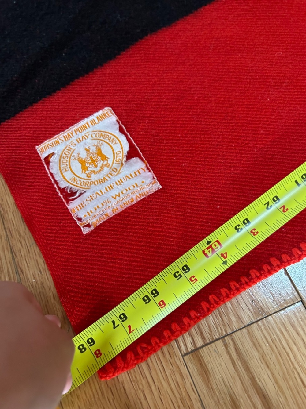 Vintage Hudson’s Bay Company 4 Point Wool Blanket Red Black Stripe 84" x 68" - Picture 6 of 10